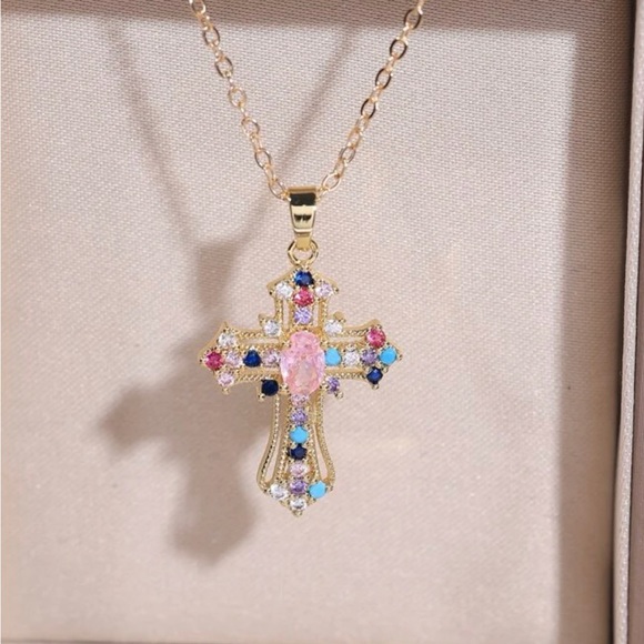 Random Color Cubic Zirconia Cross Charm Necklace - Picture 1 of 4